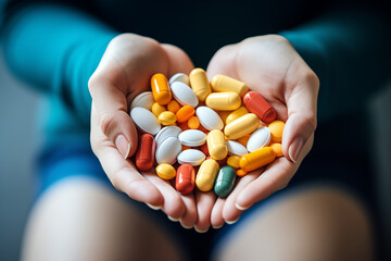 Image of female hands full of colorful pills, top view. Generative AI.