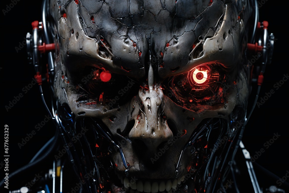 Aufkleber Scary cyborg face that will end the humanity, devil like, with empty copy space Generative AI 