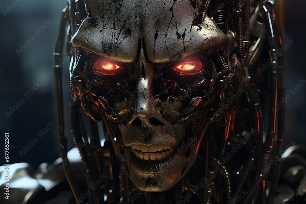 Aufkleber Scary cyborg face that will end the humanity, devil like, with empty copy space Generative AI 