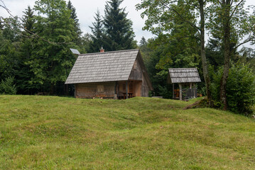 Traditional wooden houses and pastures of Bohinj Valley