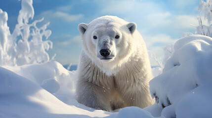 Close-up portrait of a polar bear on natural snowy background. Generative AI.