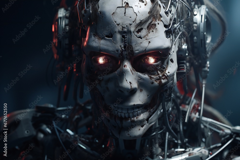 Aufkleber scary cyborg face that will end the humanity, devil like, with empty copy space generative ai