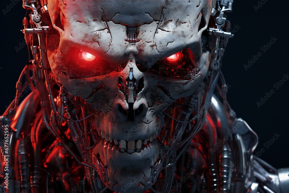 Aufkleber scary cyborg face that will end the humanity, devil like, with empty copy space generative ai