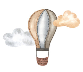 Watercolor hot air balloon elements illustration for kids in boho style