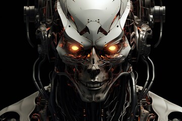 Scary cyborg face that will end the humanity, devil like, with empty copy space Generative AI 
