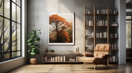 3D rendering of a minimalist office space with a bookshelf and artwork. AI generate