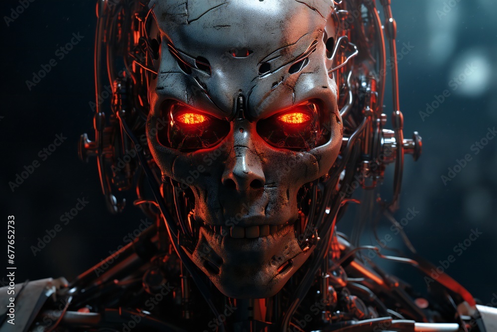 Aufkleber scary cyborg face that will end the humanity, devil like, with empty copy space generative ai