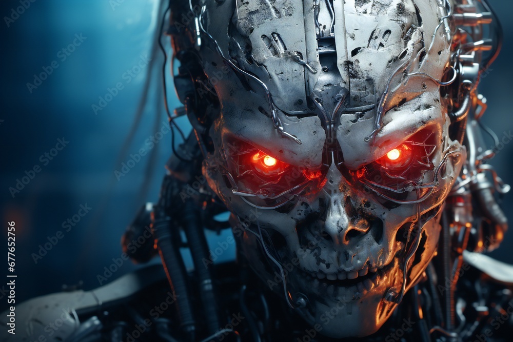 Aufkleber scary cyborg face that will end the humanity, devil like, with empty copy space generative ai