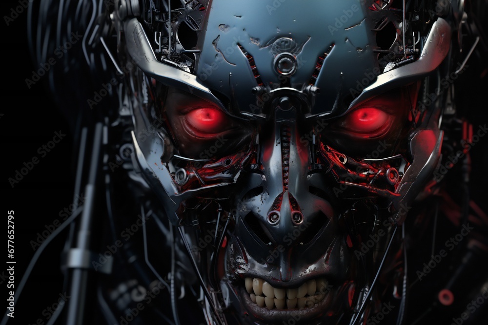 Aufkleber Scary cyborg face that will end the humanity, devil like, with empty copy space Generative AI 