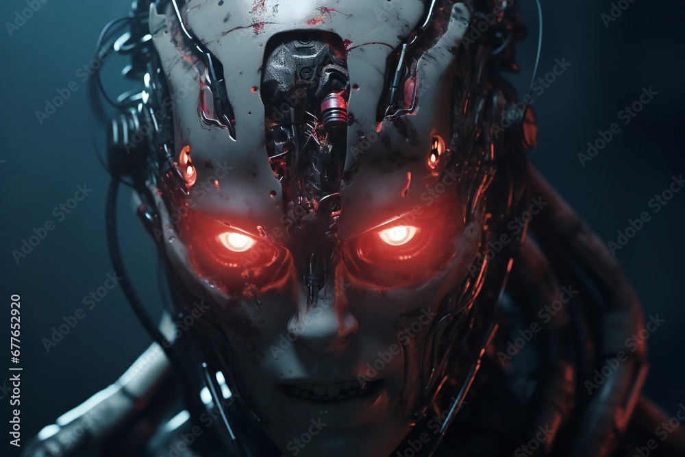 Poster Scary cyborg face that will end the humanity, devil like, with empty copy space Generative AI 