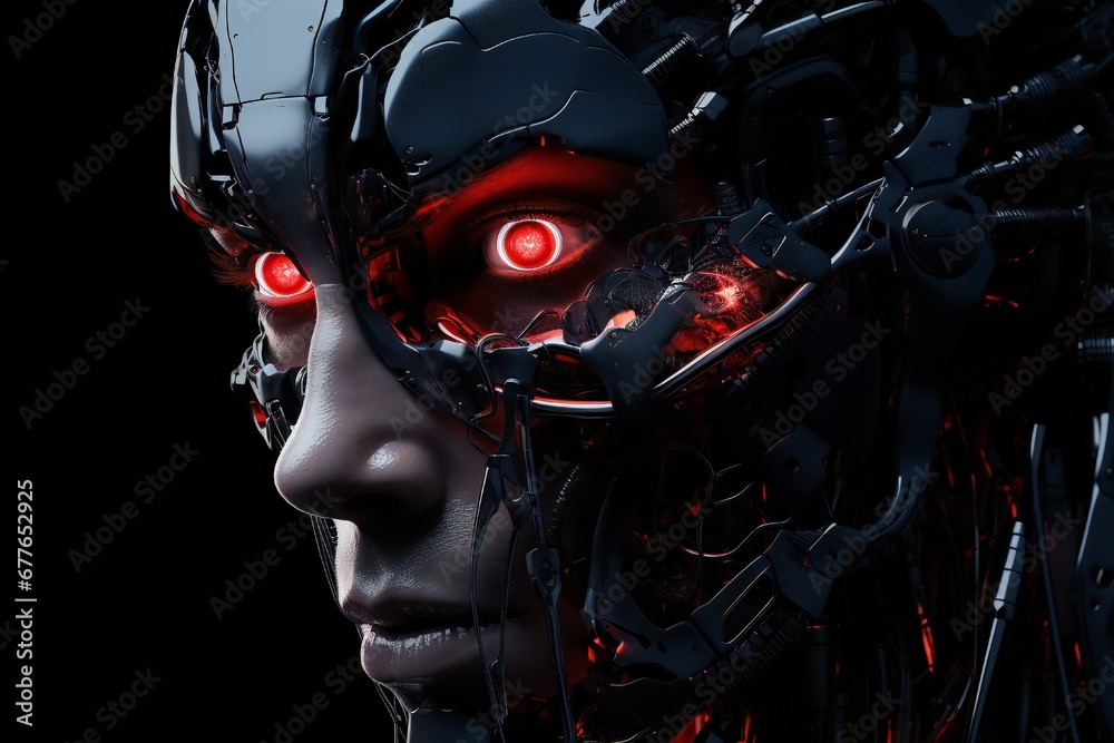 Aufkleber scary cyborg face that will end the humanity, devil like, with empty copy space generative ai