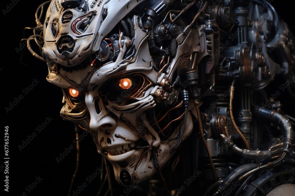 Aufkleber scary cyborg face that will end the humanity, devil like, with empty copy space generative ai