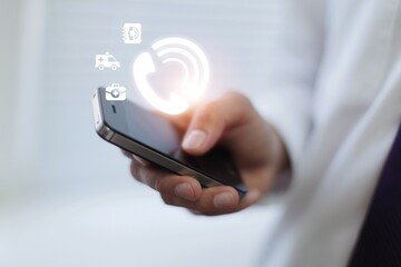 Hand touch Emergency app icons on call phone