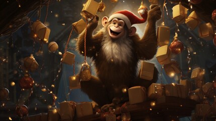 A cheeky monkey swings from the branches, knocking over a tower of Christmas ornaments, causing a merry mess. - obrazy, fototapety, plakaty