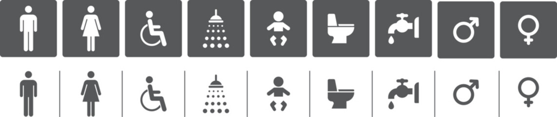 Set of 9 toilet icons, toilet signs, WC signs. Grey flat wc icon set. Male, female, handicap, baby. Stock vector.