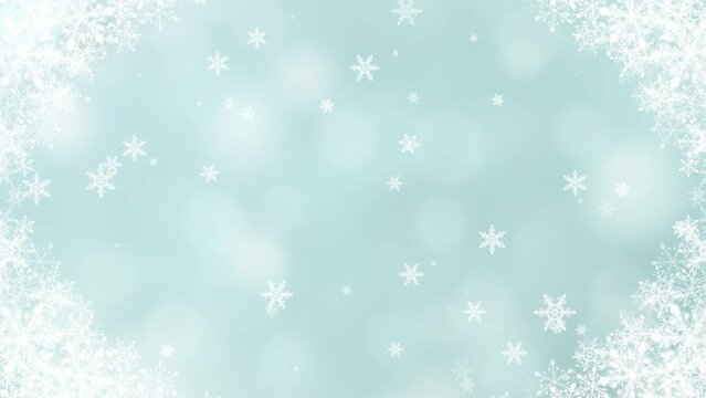 Crystals of falling snow. snowflake frame. blue christmas background. loop video.(062)