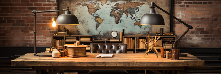 Industrial-style home office with a reclaimed wood desk Design and a bookshelf