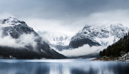 Awesome mountain winter landscape with snow capped mountains with blue lake in front. Nature and travel concept