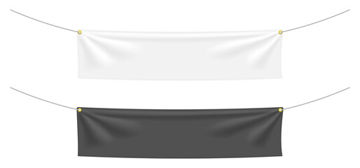 White and black textile banners with folds. Blank hanging fabric template collection. Png clipart...