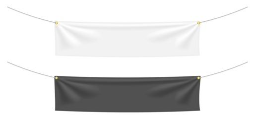 White and black textile banners with folds. Blank hanging fabric template collection. Png clipart isolated on transparent background