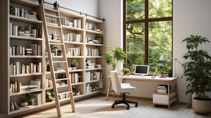 A minimal home office with view from window, wall-mounted desk, modern chair and a bookcase