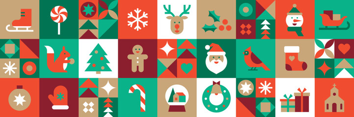 Merry Christmas and New Year poster. Winter holidays.Abstract modern geometric background.Seamless pattern.Set of icons in flat minimalist style.Vector illustration for card, packaging and web banner.
