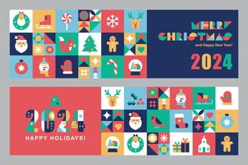 Set of horizontal banners with Christmas and New Year icons in abstract modern geometric flat style.Bauhaus design.Winter holidays.Seasons greetings.Vector illustration.Templates for packaging and web