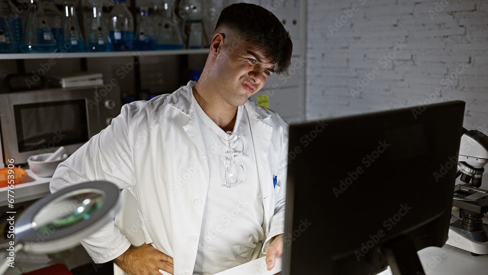 Canvas Prints Young, attractive hispanic man scientist battles backache, working late night in the lab. slumped over computer, immersed in medical research, his world aches like his back