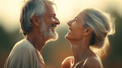 Happy elderly couple in love in summer. Old man and wife smiling, copy space. Creative concept of strong and happy marriage. 