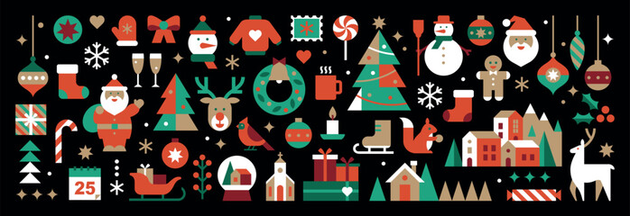Set of Christmas and New Year icons. Background in abstract modern geometric flat style. Bauhaus design. Winter holidays. Seasons greetings. Vector illustration. Pattern for packaging and web.