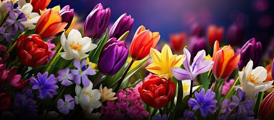 In the spring season nature comes alive with vibrant and colorful flowers blossoming in all their beautiful and natural glory creating a closeup view of the stunning flora