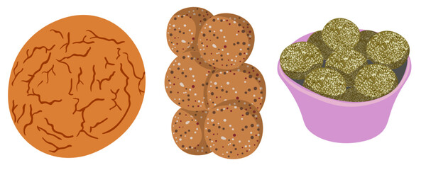 sweet dishes, desserts and fruits in vector. delicious healthy food in semi-realistic style. objects for a small cafe bar restaurant diner application website leaflet booklet.