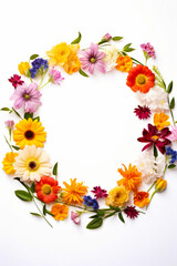 Obraz premium Circle of flowers arranged in circle on white background.