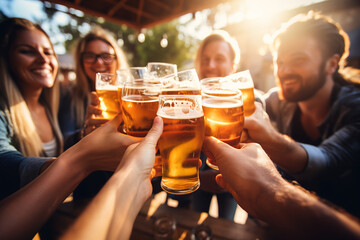 Grupo de personas bebiendo cerveza en el restaurante pub cervecería - Amigos felices disfrutando. Imagen de primer plano de vasos de cerveza - Concepto de estilo de vida. - obrazy, fototapety, plakaty