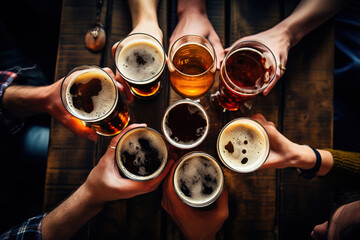 Grupo de personas bebiendo cerveza en el restaurante pub cervecería - Amigos felices disfrutando. Imagen de primer plano de vasos de cerveza - Concepto de estilo de vida. - obrazy, fototapety, plakaty