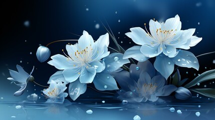 Serene Midnight Bloom: Luminous Blue Flowers Glistening with Dewdrops under Starry Sky