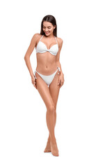 Young woman in stylish bikini isolated on white