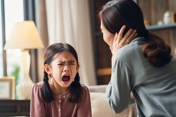 Stressed daughter is scolded by her mother at home - obrazy, fototapety, plakaty
