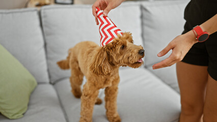Young caucasian woman with dog celebrating birthday at home