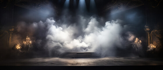 Dramatic empty stage, podium. Dark Scene with smoke, fog  illuminated spotlights. Cinematic, theatre background, mockup. Generative ai