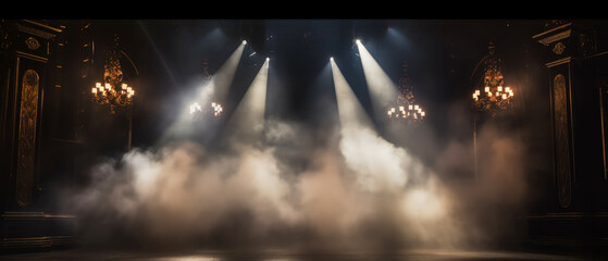 Dramatic empty stage, podium. Dark Scene with smoke, fog  illuminated spotlights. Cinematic, theatre background, mockup. Generative ai