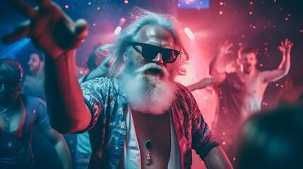 Santa raving on the dancefloor in a nightclub party. 
