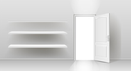 The interior of an empty room with shelves on a white wall and a door.
Free space for copying, 3d image.