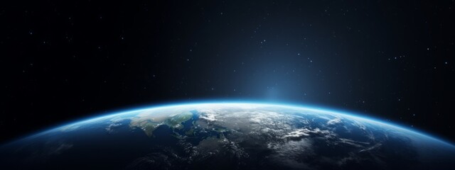 Fototapeta premium Cinematic view over rising planet earth from the space. Night earth background