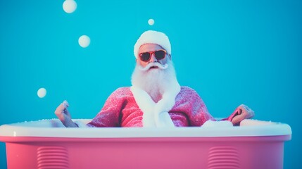 Santa relaxes, unwinding in a North Pole hot tub, enjoying a thoroughly earned day of leisure.