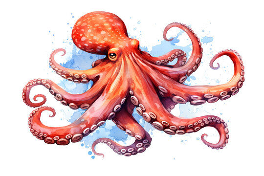 Octopus watercolor hand drawn illustration isolated on white background