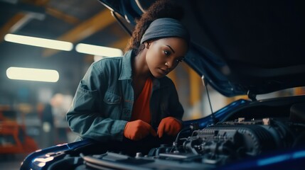 woman working a car engine