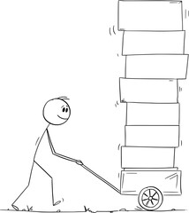 Person Pushing Cart with Boxes, Vector Cartoon Stick Figure Illustration