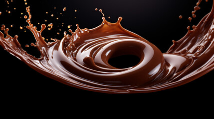 Melted chocolate splash, swirl circle shaped chocolate floating in mid air, food background, close...