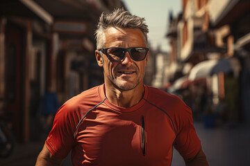 Fototapeta premium Senior man enjoying jogging in the street, eldery people healthy lifestyle.
